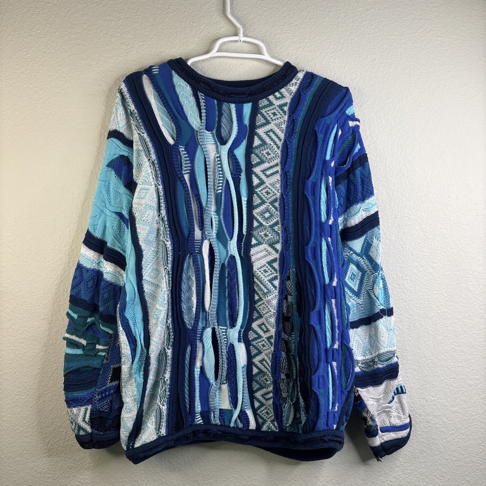 Coogi Australia Vintage 3D Knit Sweater Mens M /L Blue White Abstract Geometric